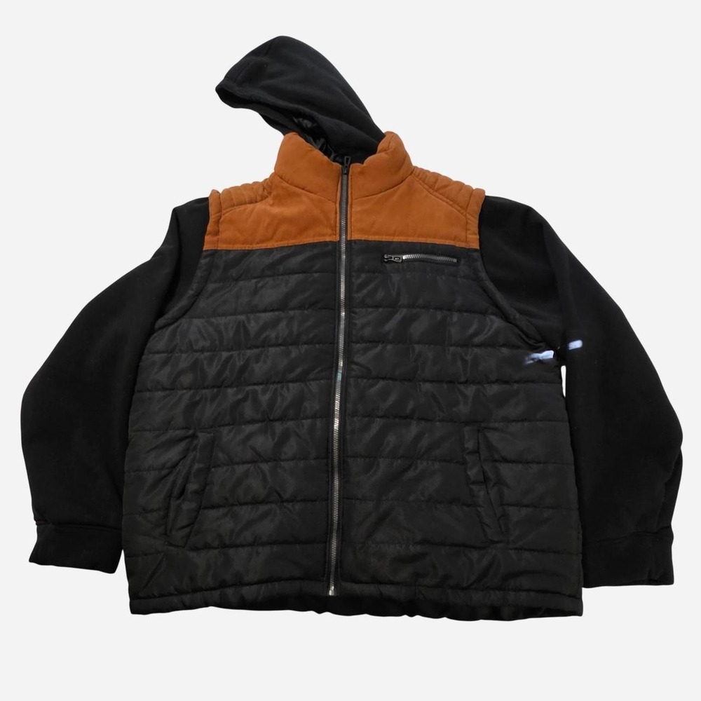 Distortion Black and Orange Colorblock Hooded Puffer Jacket Heavyweight